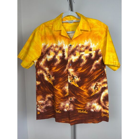 Vintage Men's Malihini 60s Yellow Brown Surfer Shirt Makaha Pipepline M - Picture 1 of 4